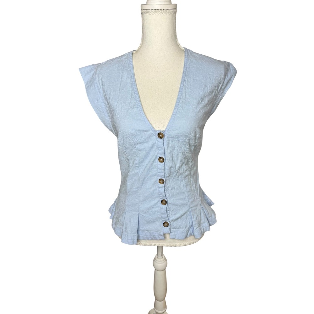 Free People Dylan Vest Poplin Blue Button Front Peplum Top Womens Small